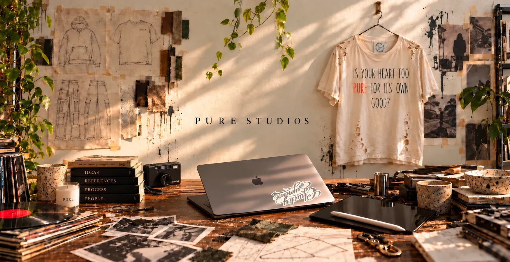 The Pure Studios worktable: a hanging shirt, laptop, tablet and vinyl records under afternoon light